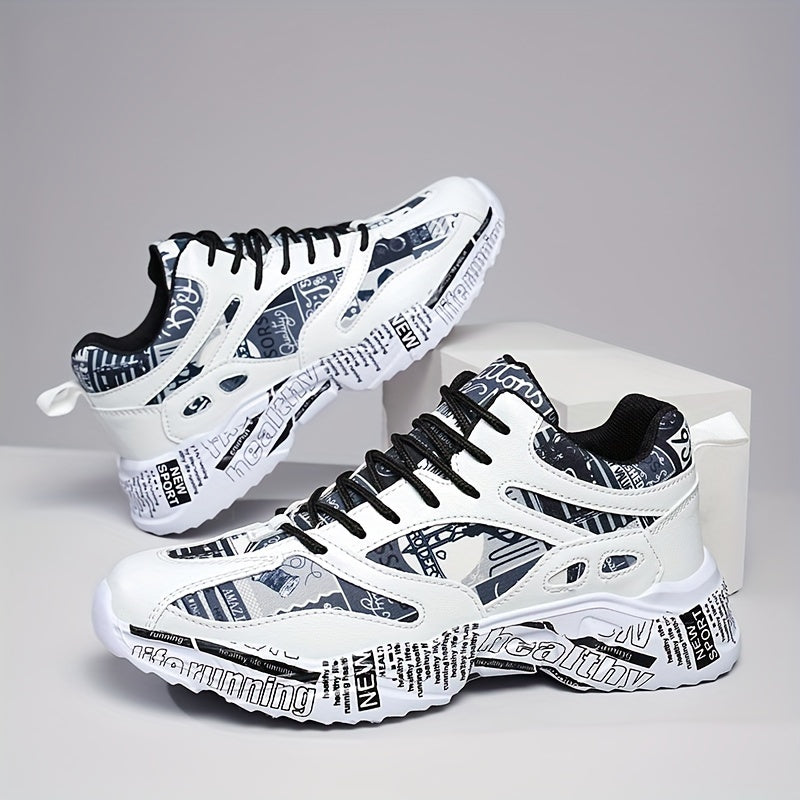 Men'S Women'S Graffiti Couple Sneakers, All-Season Lightweight Cushioned Running Shoes, Stability Pronation, Cartoon Pattern, MD Sole, EVA Insole, Polyurethane Upper, Fabric Lining