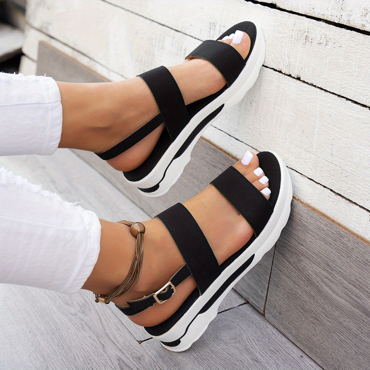 Mhysa Women's Comfortable Open-Toe Platform Sandals with Thick Sole & Golden Buckle Strap - Summer Casual White PU Cover Ankle Strap Sandals for Casual Attire, Ladies Sandals