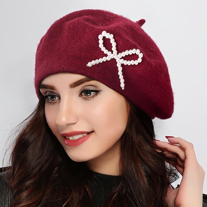1pc Women's Wool Beret with Pearl Bow - Elegant, Breathable, and Stylish in Multiple Colors (Black, Brown, Gray, Beige, Purple, Pink) for Casual Attire