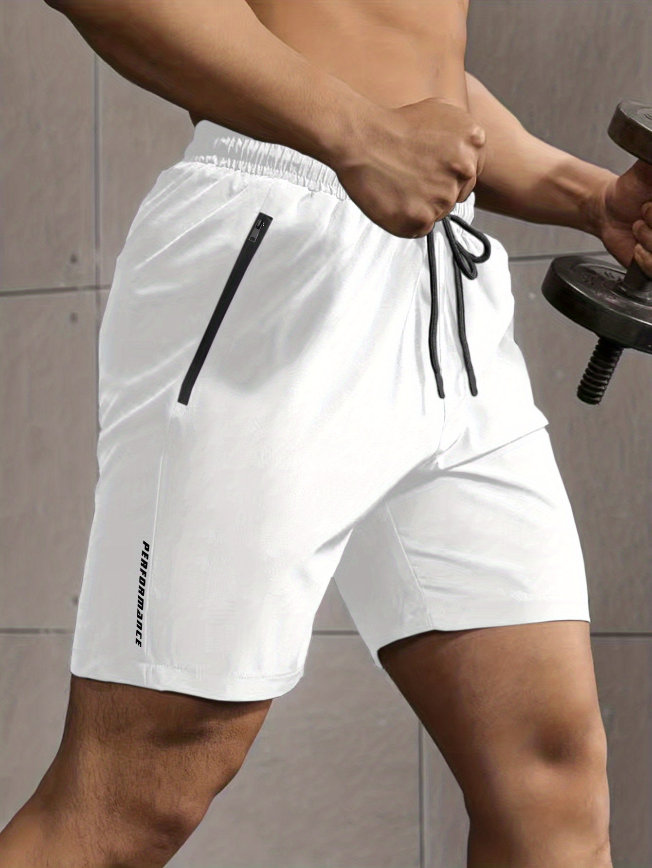 Super Thin Men's Casual Simple Style Comfy Shorts, PERFORMANCE Letter Print Home Pajamas Bottom With Zipper Pockets And Drawstrings, Men's Summer Outdoor Fitness Clothing