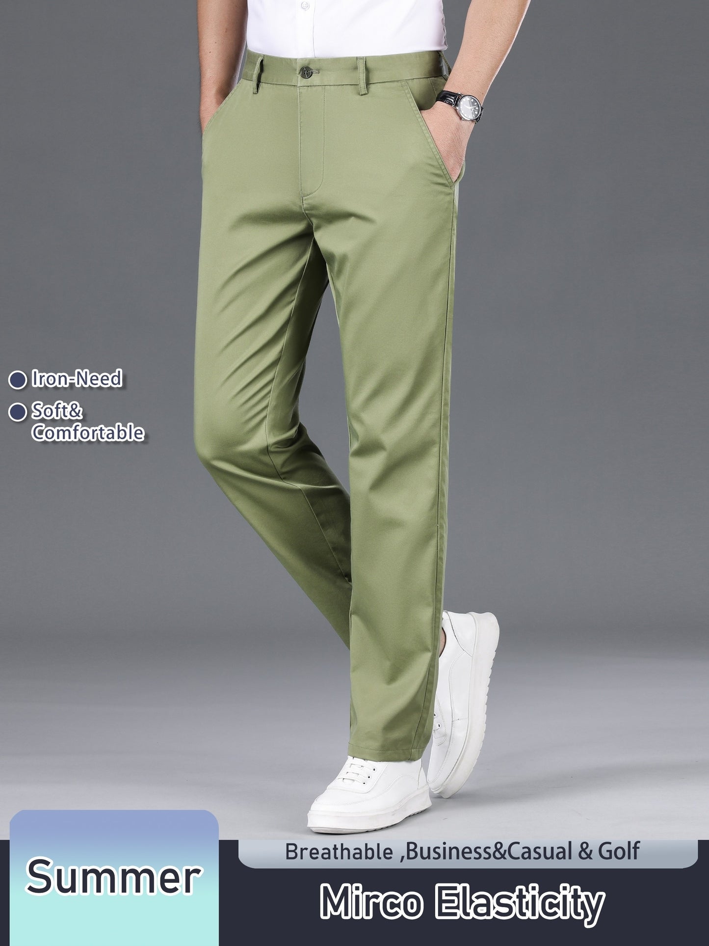 Men's Solid Color Straight Leg Business Style Cotton Blend Pants, Casual Comfy Breathable Outdoor Trousers As Gift