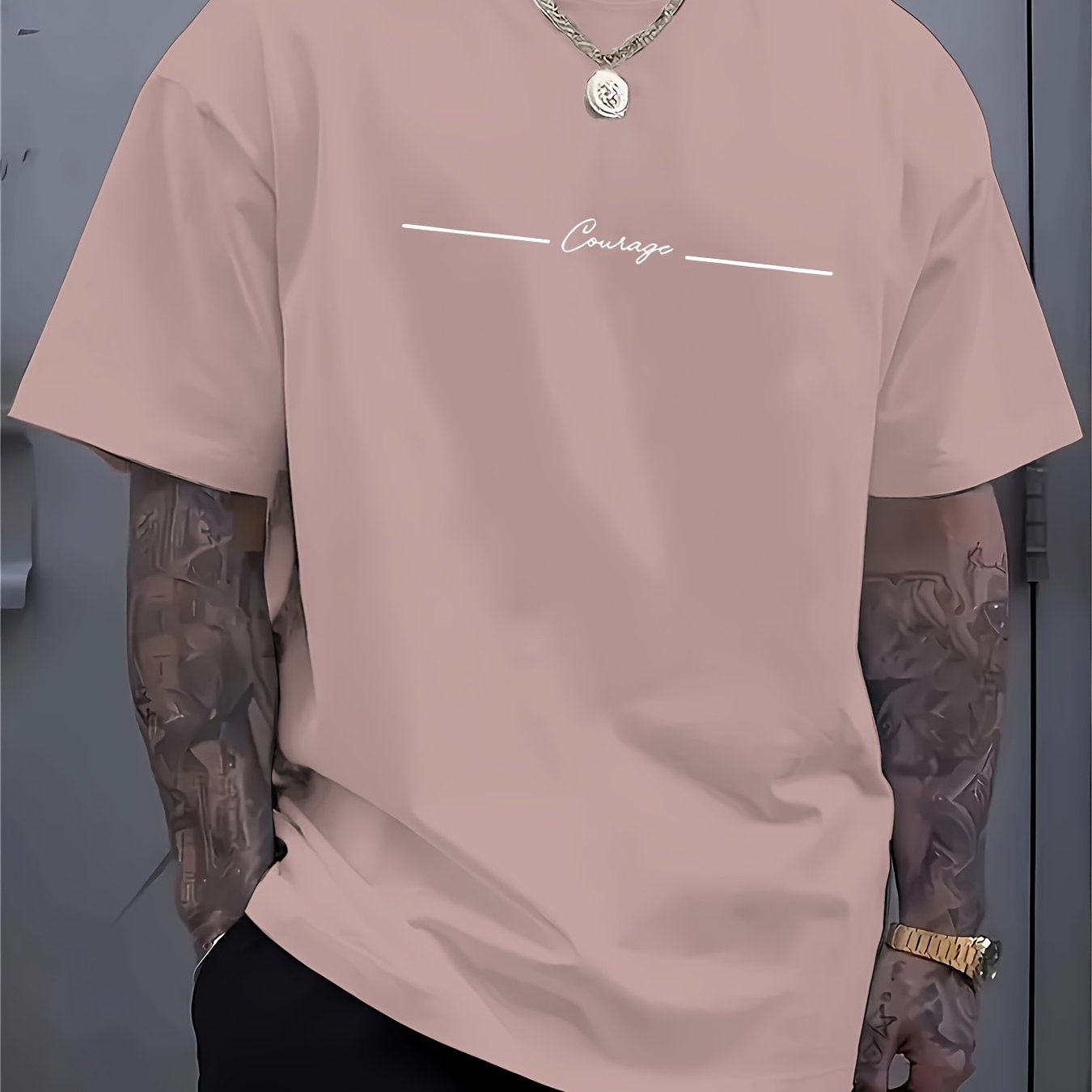 Men'S Casual Crew Neck T-Shirt with Trendy English Print, 95% Polyester 5% Elastane, Slight Stretch Knit Fabric, Regular Fit, Summer Wear - MBDMBD