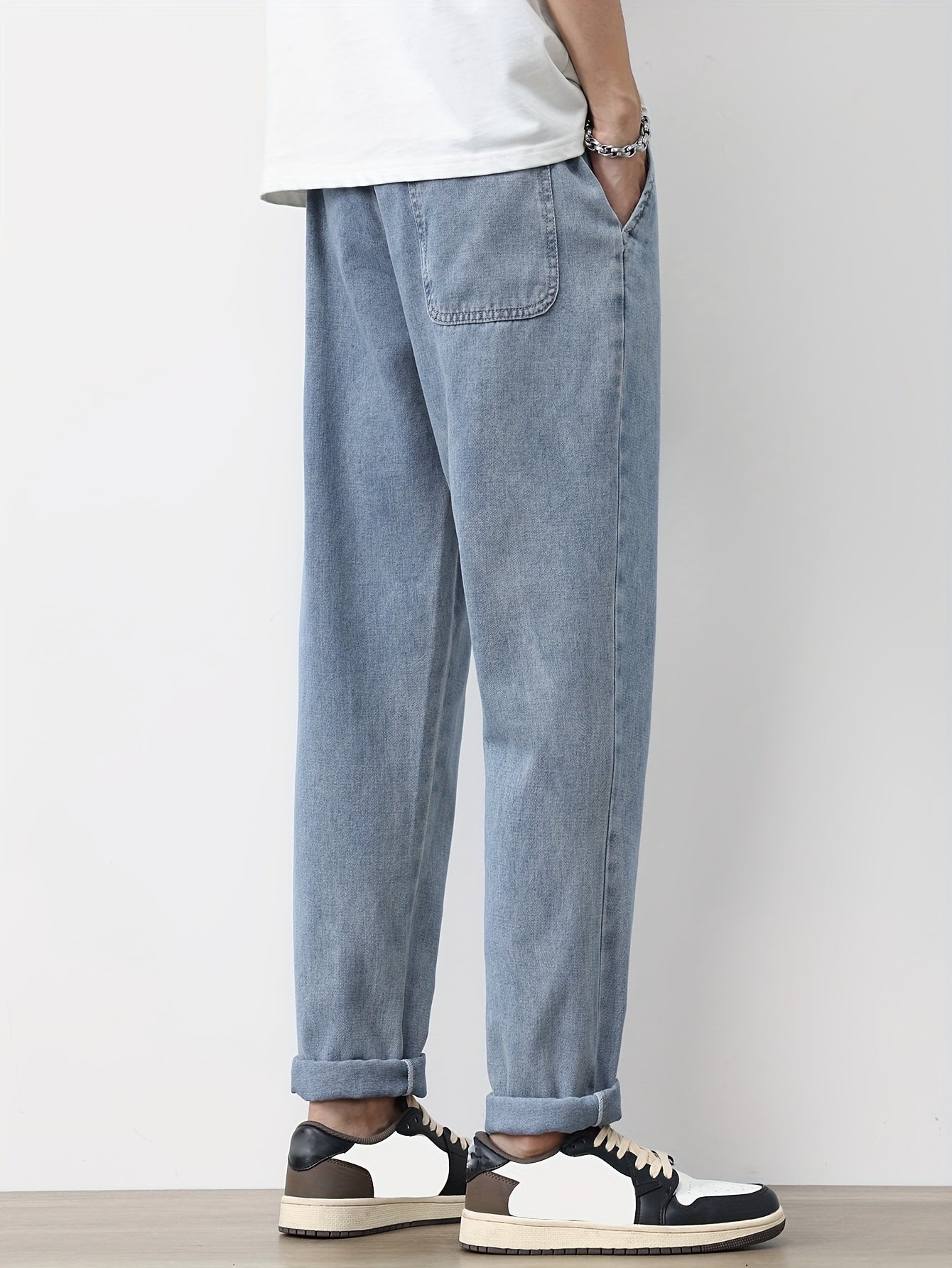 Men's Solid Washed Denim Trousers With Pockets, Causal Drawstring Cotton Blend Barrel Jeans For Outdoor Activities
