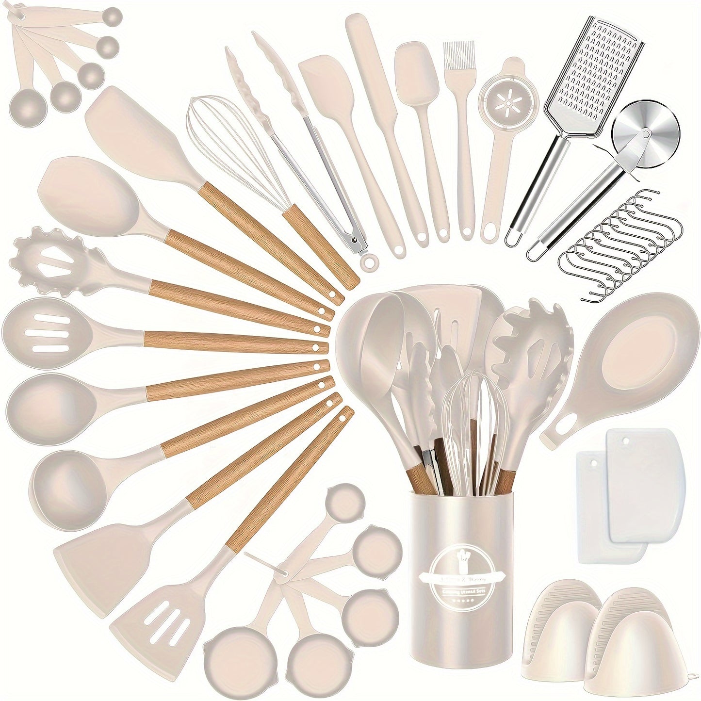 43pcs Non-Stick Cookware Storage Bucket with Wooden Handles, Silicone Kitchen Utensils, Easy-To-Clean Kitchen Tools, Spatula And Spoon Set.