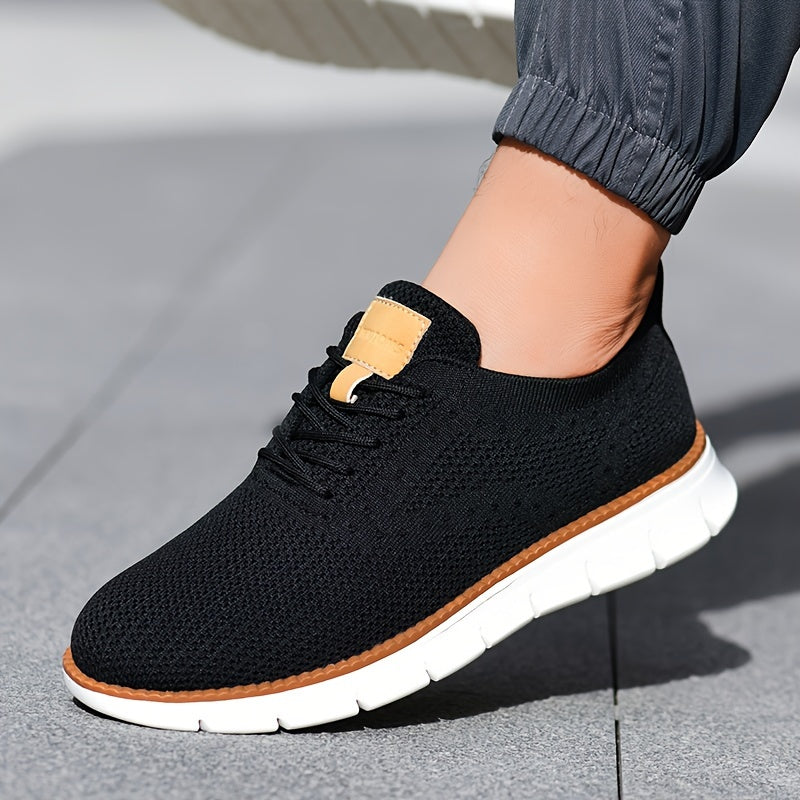 Men's Breathable Knit Business Casual Shoes - Beige with Brown Accents, Lace-Up, EVA Sole, Round Toe, Versatile for All Seasons, Dressy Shoes