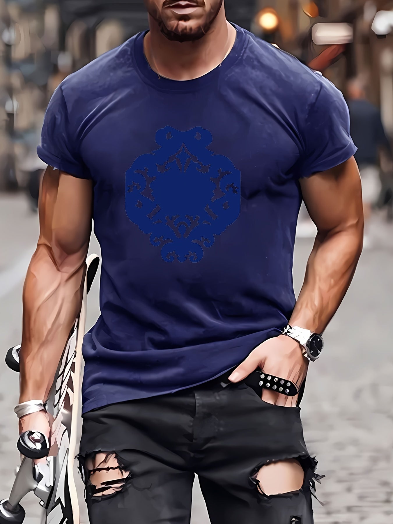 New Summer Round Collared Short Cuff T Dress For Men'S Wear With Free Print