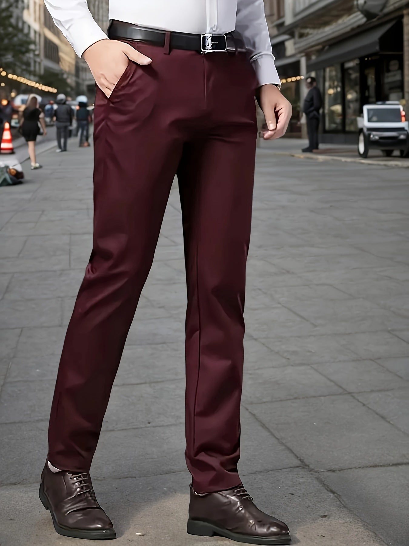 Men's Sleek Stretch Dress Pants - Solid Color Black, Comfort Fit with Subtle Stretch, Polyester Fabric, Mid-Rise, Machine Washable, Perfect for Business Casual & All-Season Wear, Business Casual Pants | Sleek Trousers | Easyc