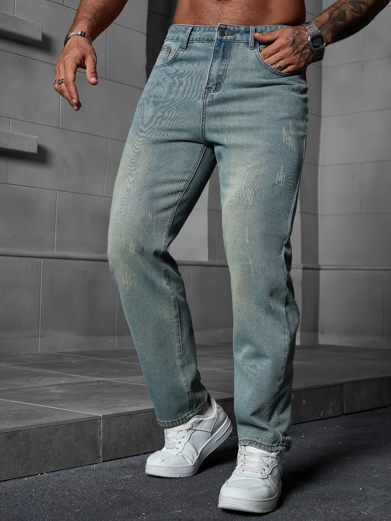 Men's Regular Fit Distressed Denim Jeans - Light Grey, Blend, Machine Washable, Year-Round Comfort & Style