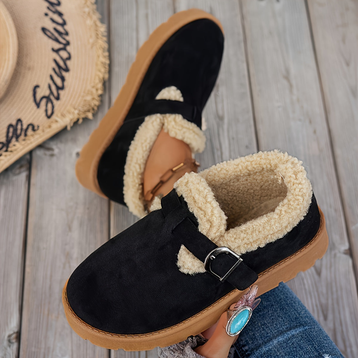 Women'S Warm Fleece-Lined Ankle Slippers, Solid Color, Round Toe, Fabric Upper/Inner, Rubber Sole, Cozy Winter Footwear