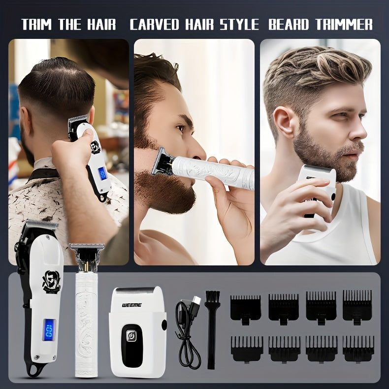 WEEME 3pcs/1Set Men'S Hair Clipper, USB Rechargeable Electric Hair Clipper & Shaver Set with Digital Display, Cordless Hair Trimmer for Home & Salon Use, Perfect Grooming Gift for Men with Smooth Blade, USB Charging, Lithium