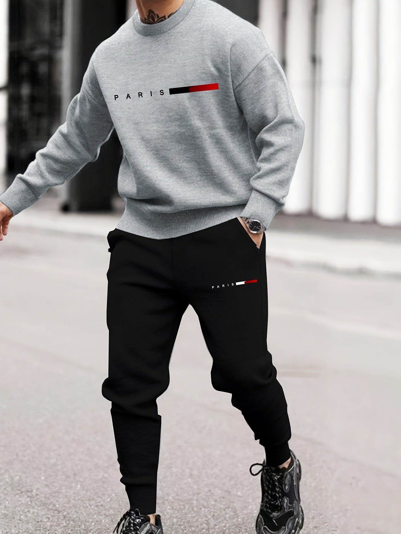 Men's Casual Sports Sweatshirt Set, Loose Fit Pullover Hoodie with Print, Polyester Blend, Round Neck, Stretch Knit, Autumn/Winter Collection