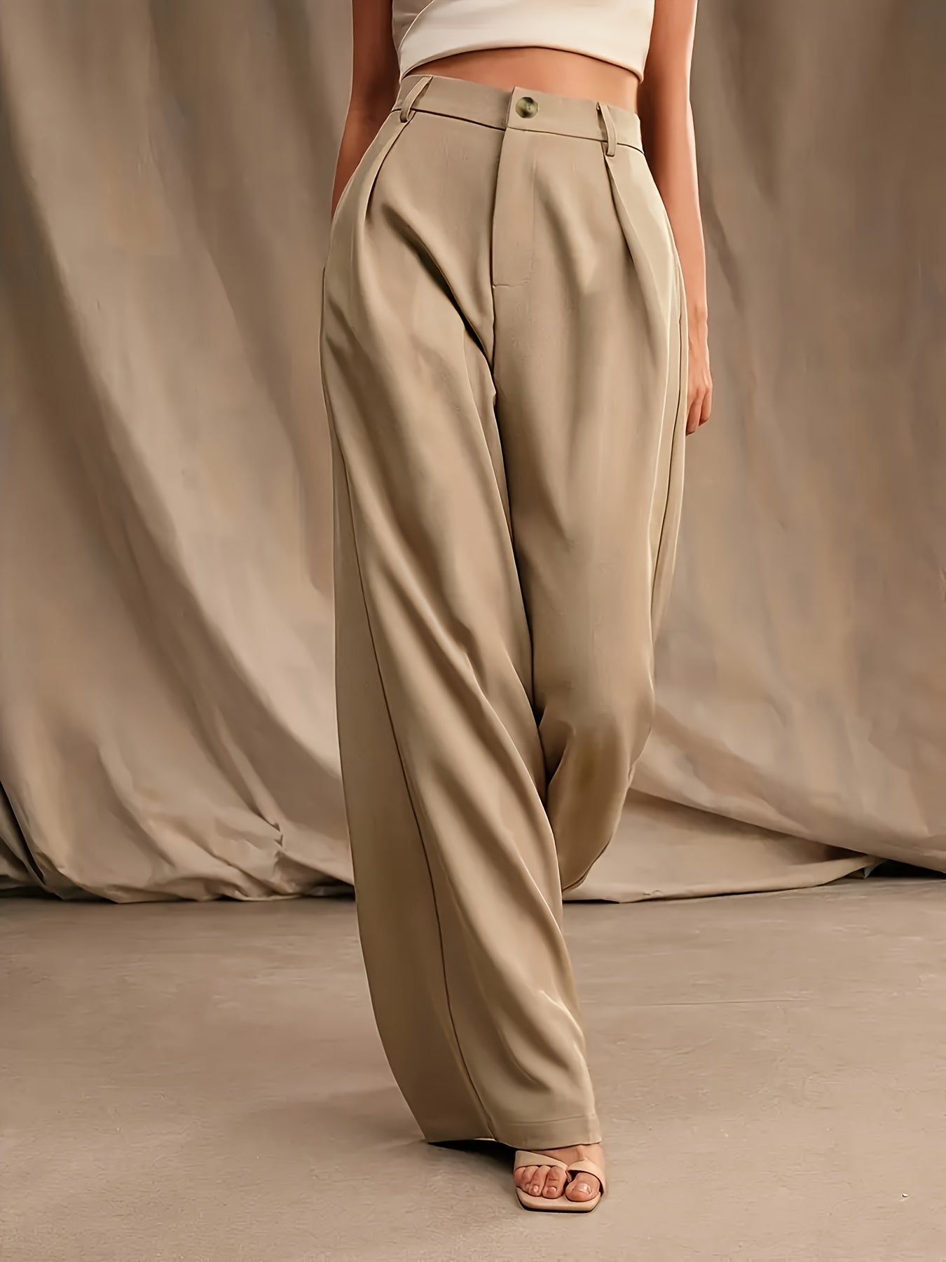 Women's Plus Size Elegant Straight-Leg Pants - High-Rise Beige Polyester Blend with Button Details, Non-Stretch & Smooth Fabric for Spring/Summer, Spring Summer Wear | Buttondown Front | Tailored Fit, Cute Pants