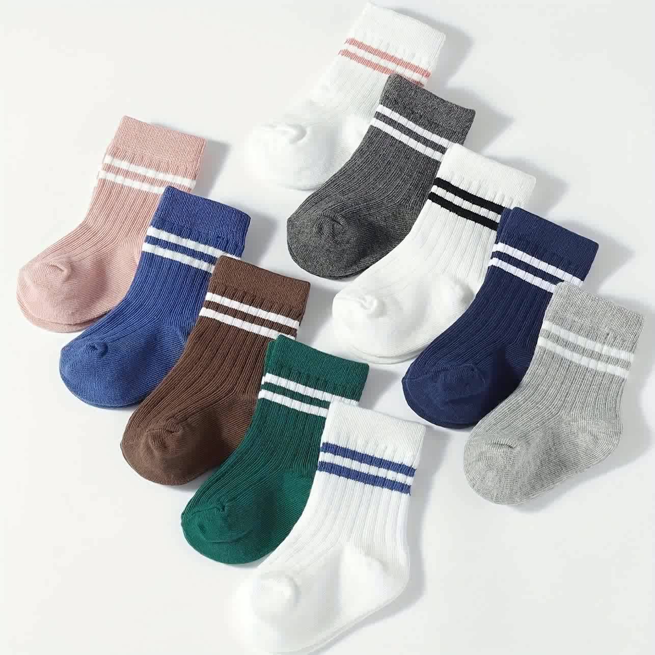 5 Pairs Of Men's And Women's Baby Mid-Calf Socks with Ribbing And Double Bars Sports Socks
