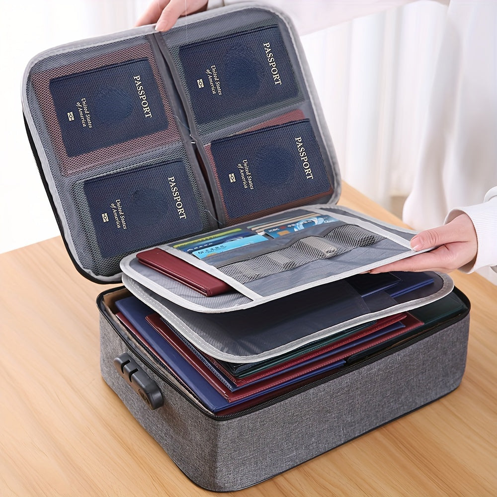 1pc Synthetic Leather Document Bag with Combination Lock, 3-Layer Water-Resistant Zipper File Storage Case, Portable Travel Home Organizer for Laptop, Files, Certificates - Office Essentials, Travel Document Organizer | Porta