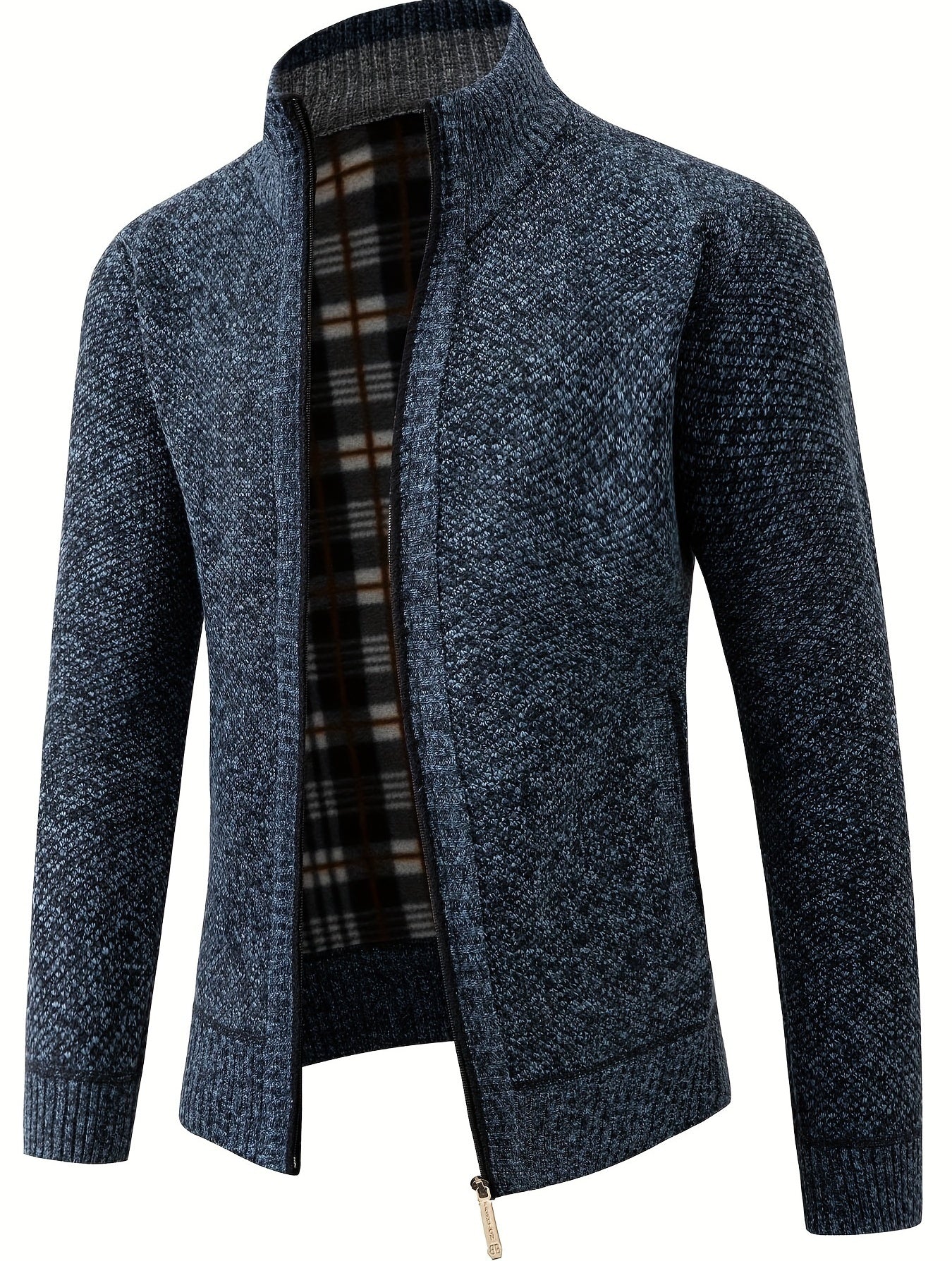 Men's Solid Fleece Knitted Cardigan With Pockets, Casual Long Sleeve Turtle Neck Zip Up Warm Sweater For Winter Fall Outdoor Activities
