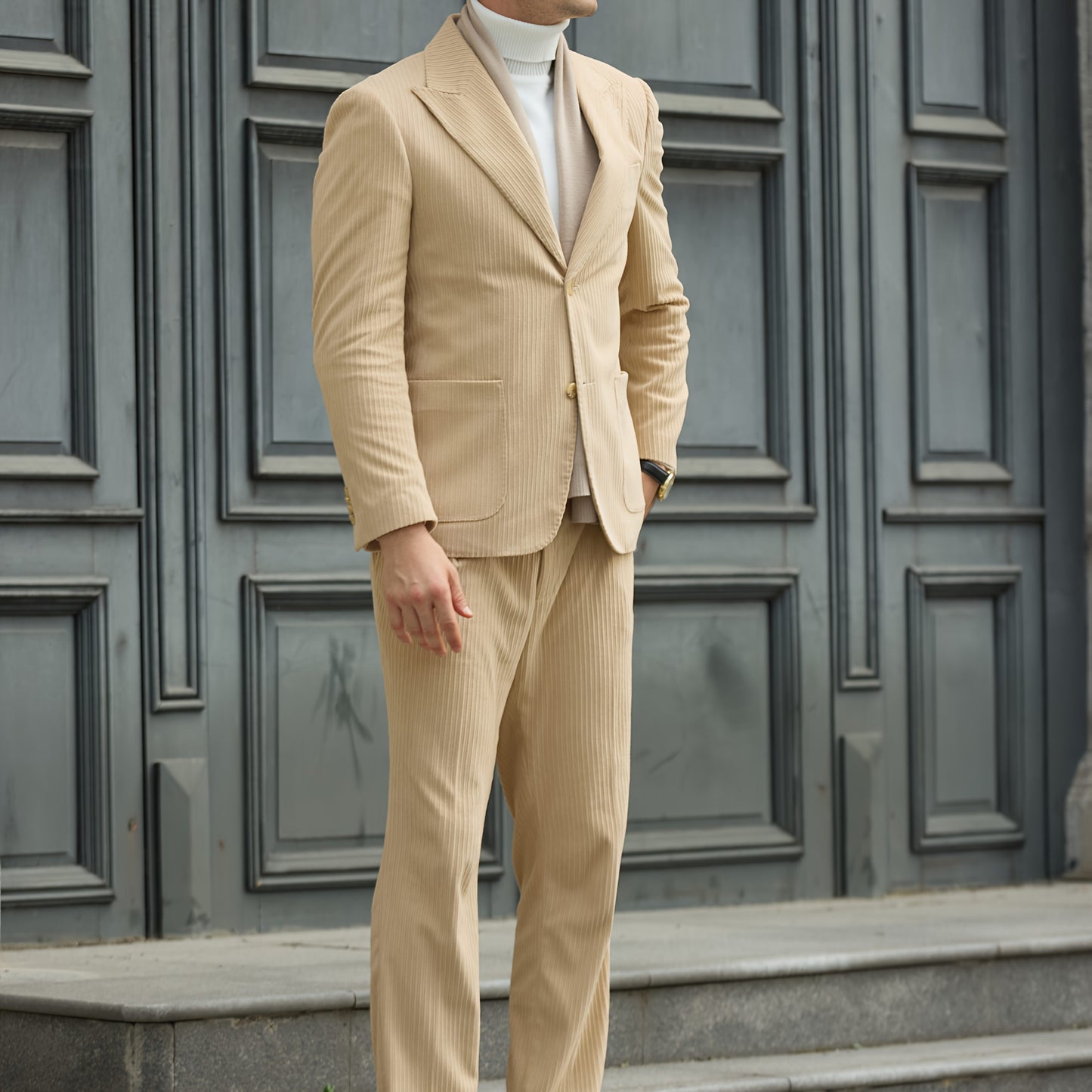 Men'S Navy Corduroy Blazer & Pants - Classic Notch Lapel, Casual Two-Piece Suit with Long Sleeves, Polyester Fabric, All-Season Wear, Casual Attire|Casual Style|Polyester Suit