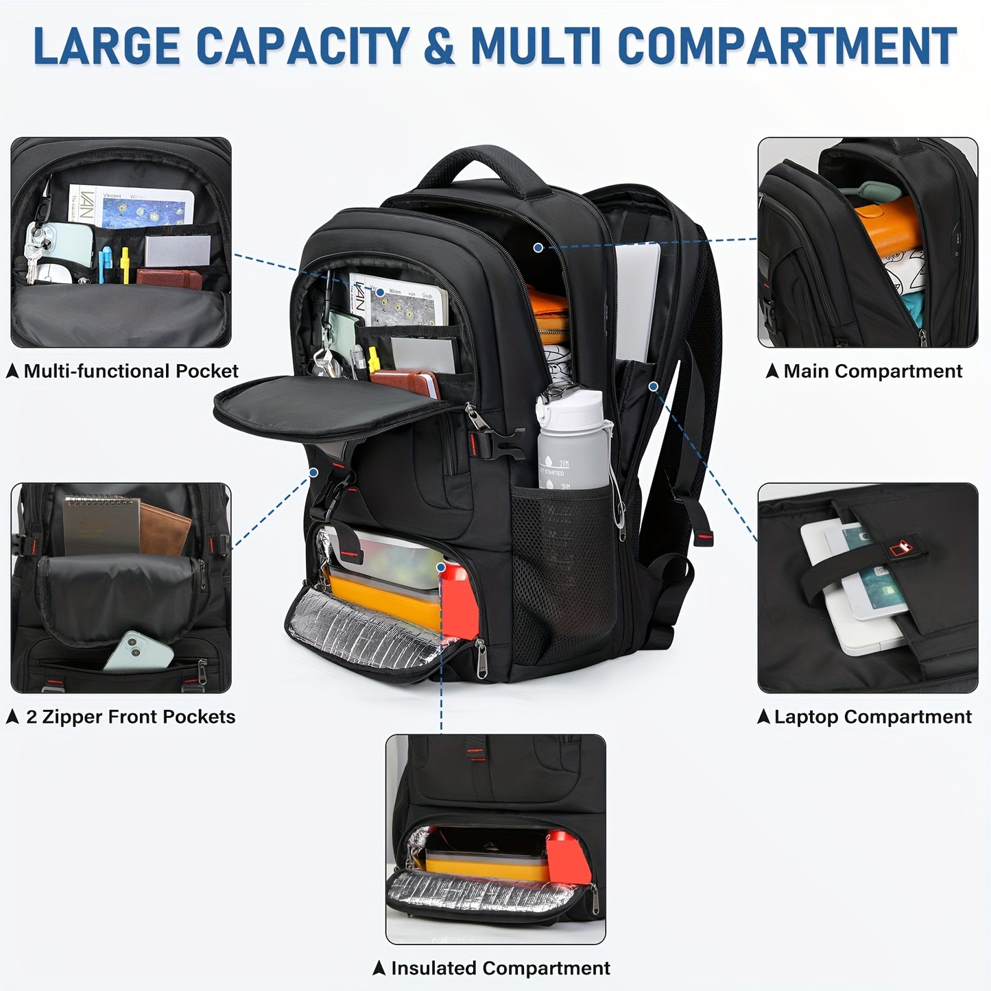 NUBILY 17.3-Inch Men'S Laptop Backpack, 50L Travel Pack, Large Work Backpack for School, College, Business - Non-Food Contact, Black Oxford Fabric with Mesh Windows, Zipper Closure, TSA-Compliant, College Backpack Sleek Bac