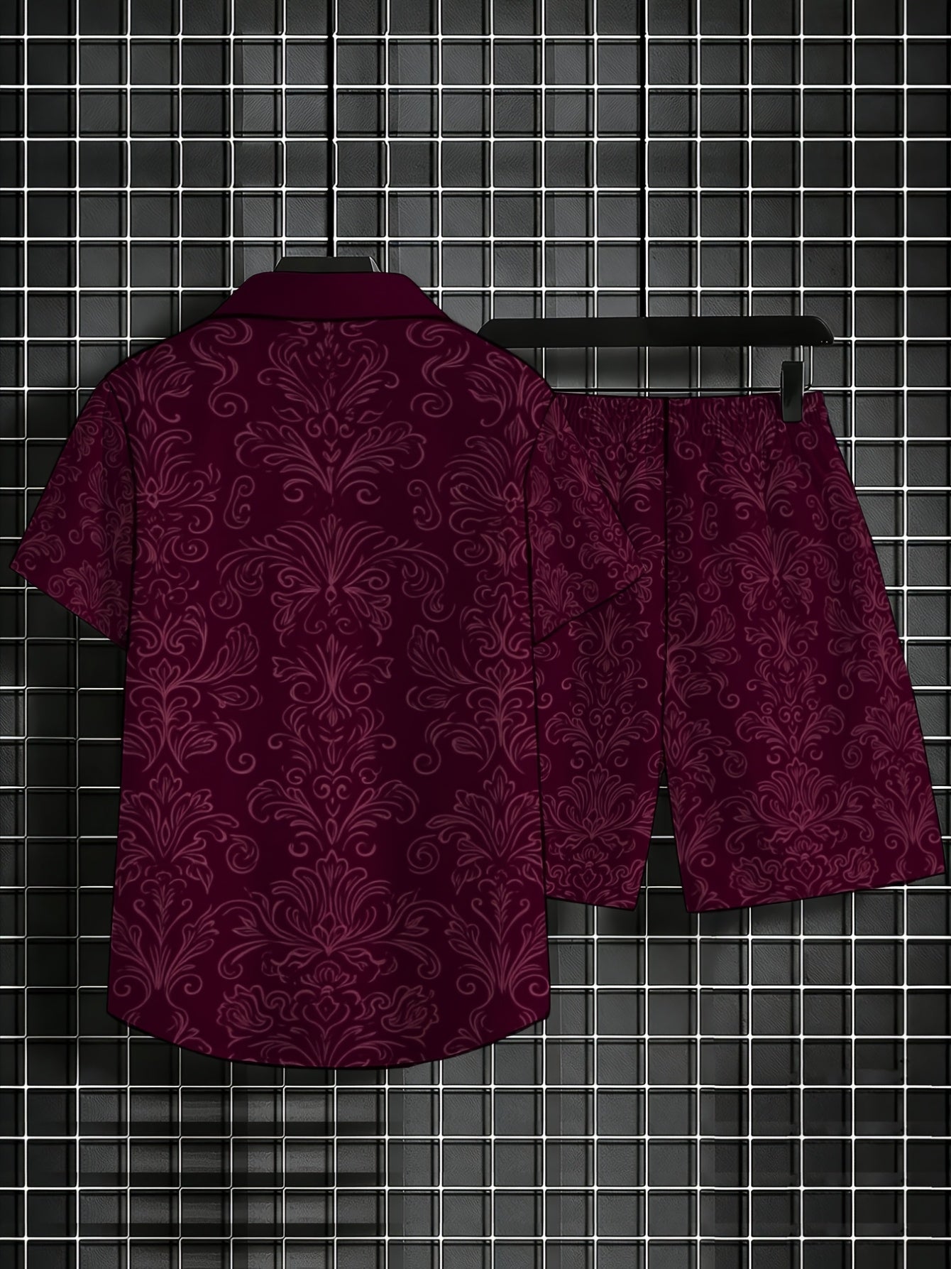 Men's Burgundy Swirl Print Short Sleeve Shirt & Shorts Set