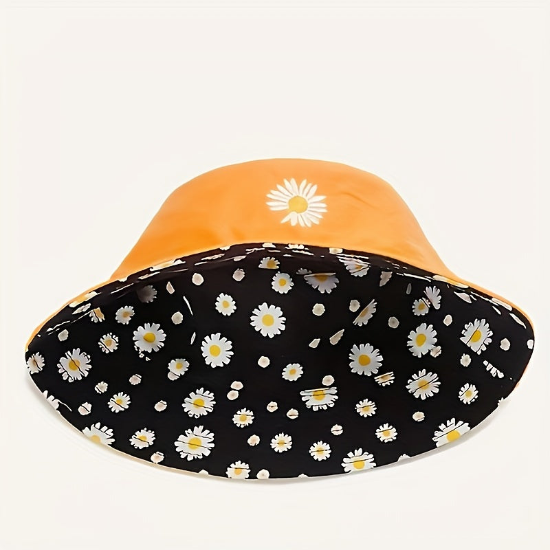 Daisy Graphic Reversible Bucket Hat Black Trendy Breathable Basin Hats Lightweight Sunscreen Fisherman Cap For Women daily use