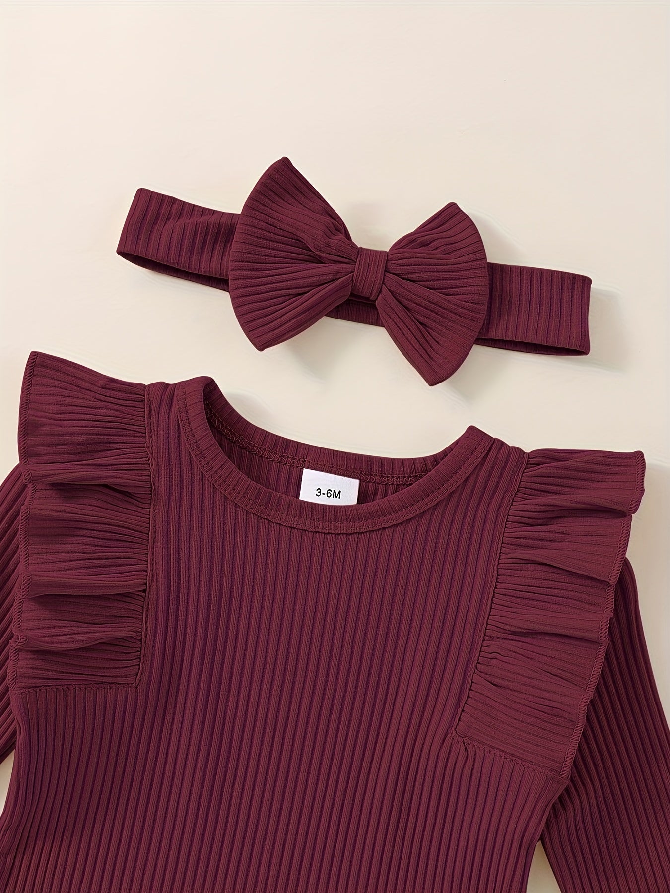 3pcs Baby Girl Outfit Set, Cute Ribbed Ruffle Long Sleeve Romper & Pants, 95% Cotton 5% Spandex, Crew Neck Pullovers, Solid Color, Regular Fit, No Belt, Fall/Winter Knit Fabric, 0-18 Months, for Outdoor