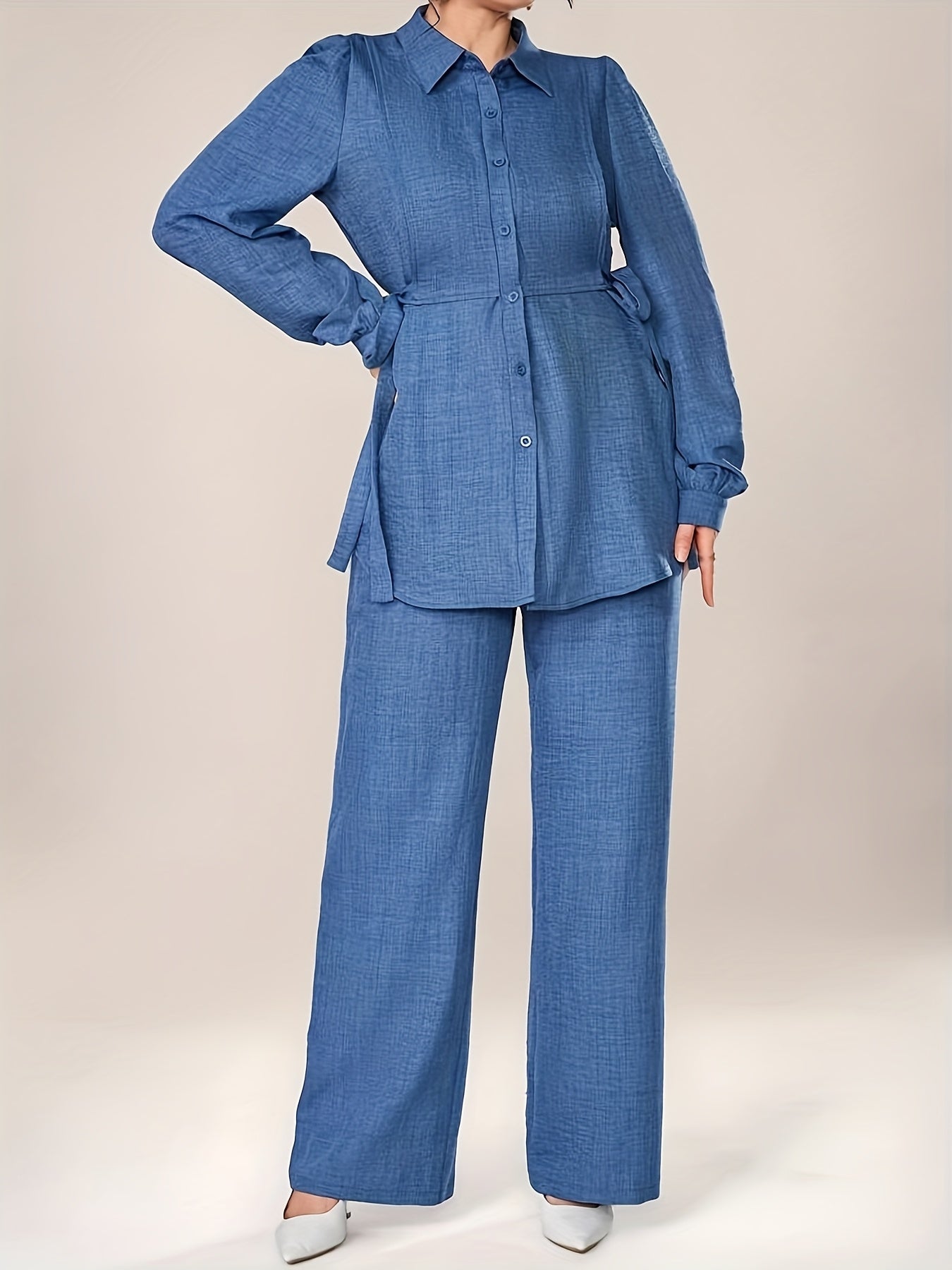 Women's Two-Piece Set with Front Buckle Long Sleeve Casual Top and Trousers