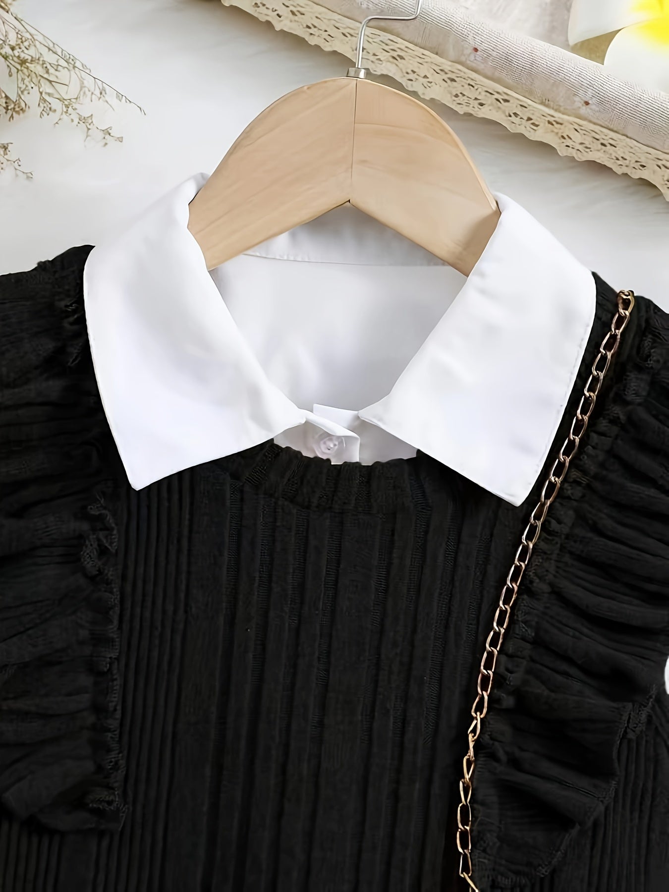 Girls 2-piece Trendy & Stylish Outfit, Long Sleeve Button Up Shirt & Sleeveless Ruffle Spliced Knitted Split Side Dress For Spring & Fall Outdoors (Belt Excluded)
