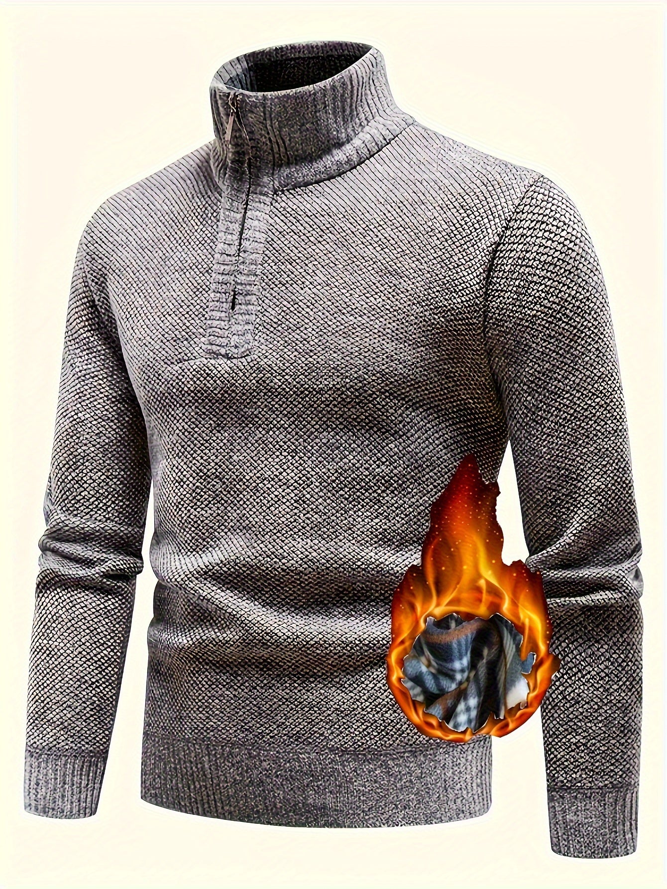 Men's Fleece-Lined Warm Knit Sweater - Autumn/Winter, Solid Color with Stand Collar & Short Zipper Placket, Long Sleeve, Polyester - Ideal for Hiking, Cycling & Casual Attire, Winter Sweater