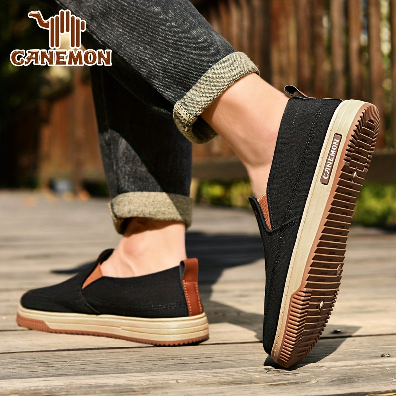 CANEMON Men's Slip-On Canvas Sneakers - Breathable, Non-Slip Soft Sole Casual Shoes with Striped Design, Comfortable All-Season Wear for Outdoor & Everyday Use