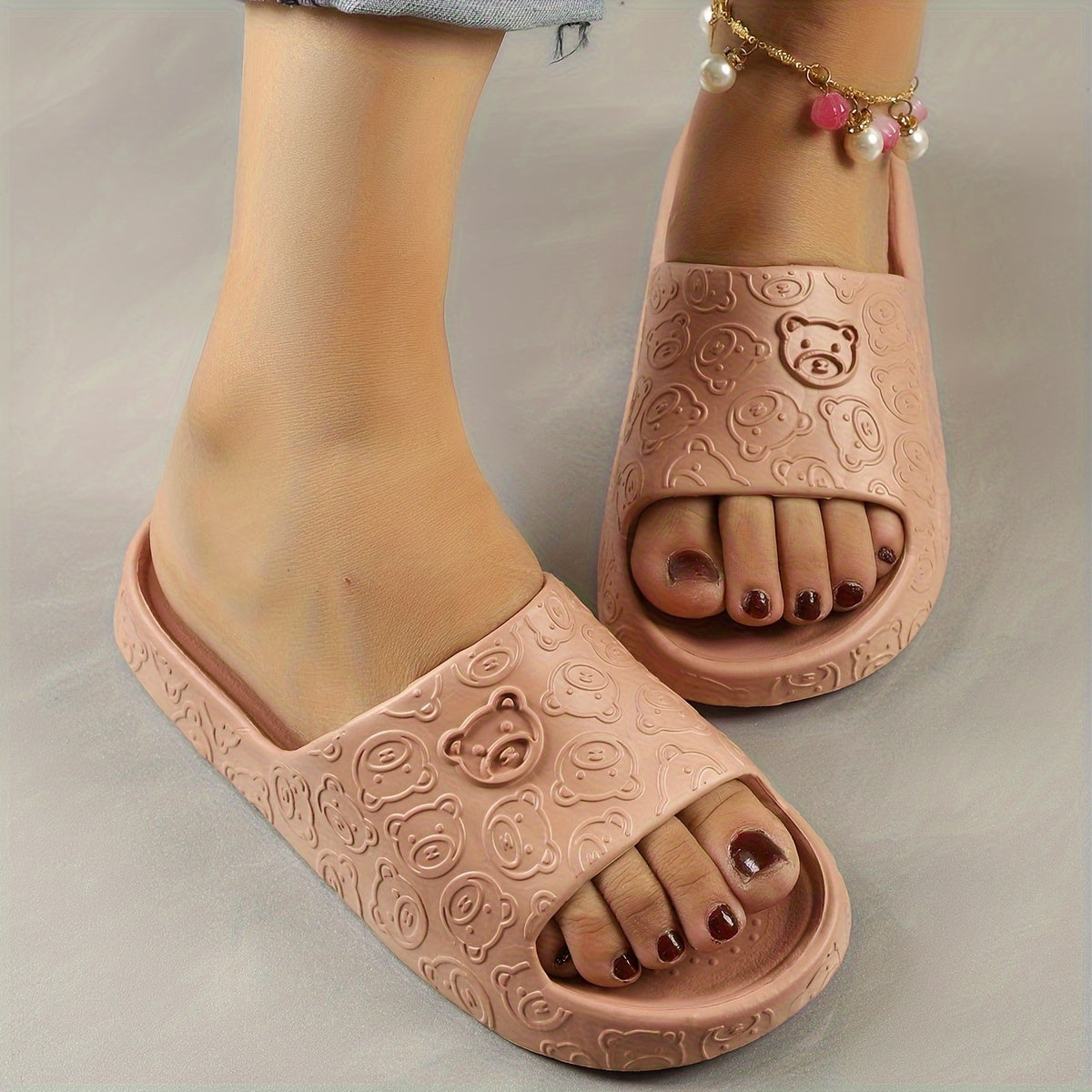 Women's Cute Bear Pattern Slides, Casual Open Toe Soft Sole Shoes, Lightweight Slip On Beach Slides