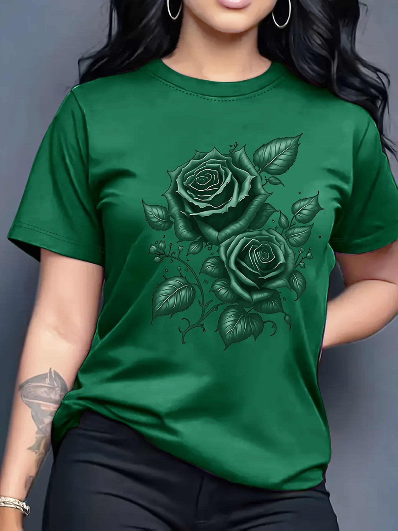 Women's Light Blue Yellow Rose Print T-Shirt - Short Sleeve Crew Neck Casual Top with Medium Stretch, Machine Washable & Breathable Fabric for All-Season Comfort, Relaxed Style, Graphic Tee, Stretchy Material, Printed Shirt,