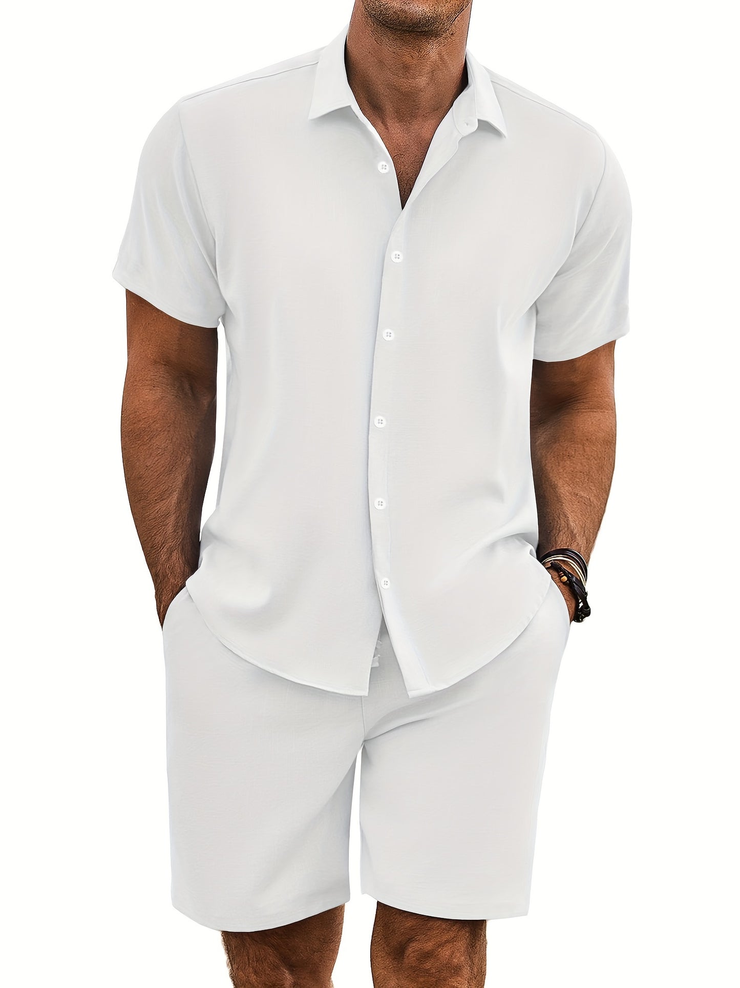 Men'S 2pcs Summer Beach Set, Cotton Linen Blend, Casual Short Sleeve Button- Shirt and Shorts, Solid Color, Lapel Collar, Non-Stretch Fabric, Regular Fit, Woven, 160g/m² - Loungewear Outfit
