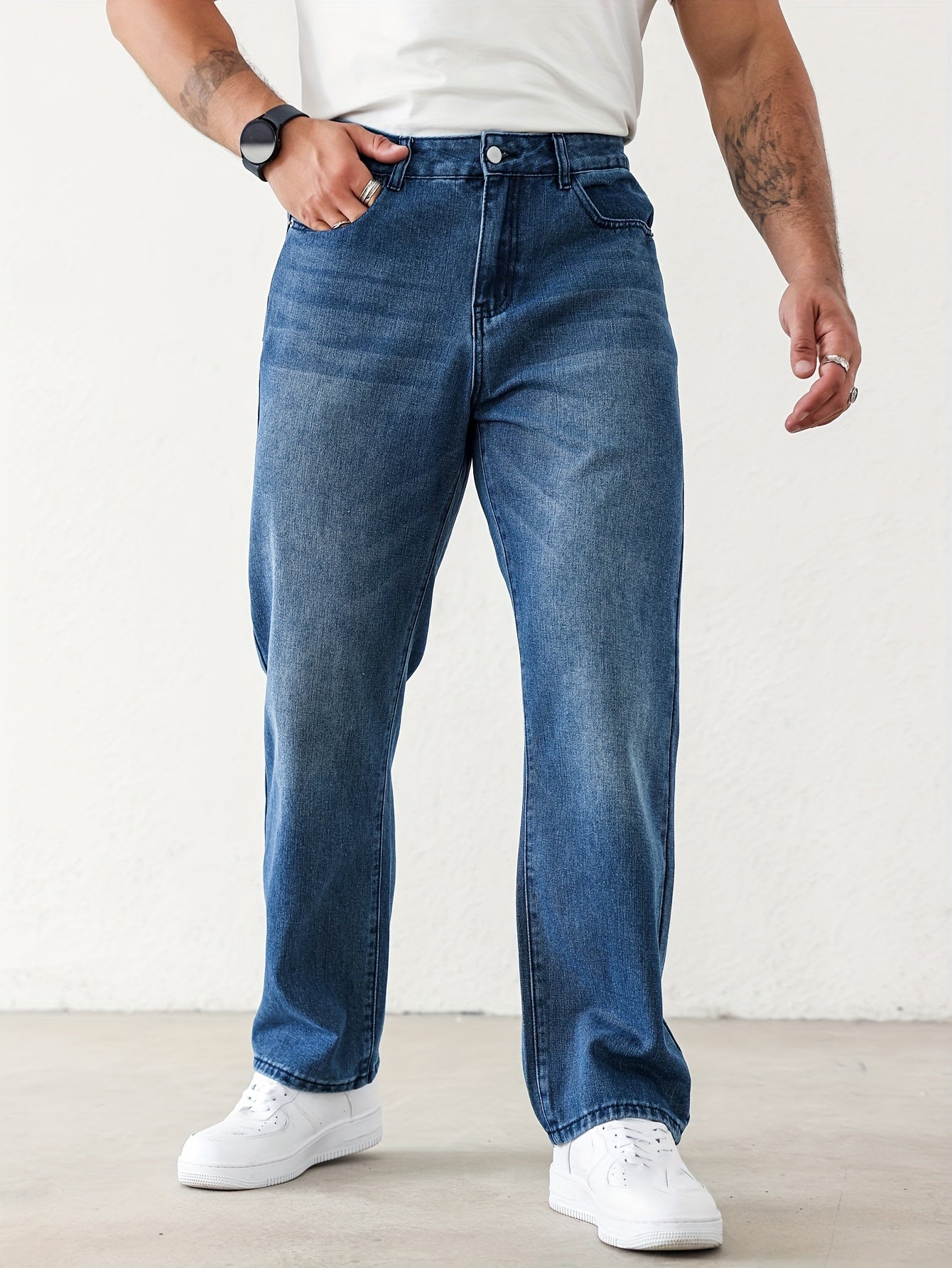 Men's Classic Straight-Leg Jeans - Casual Denim with Pockets, Machine Washable, All-Season Comfort