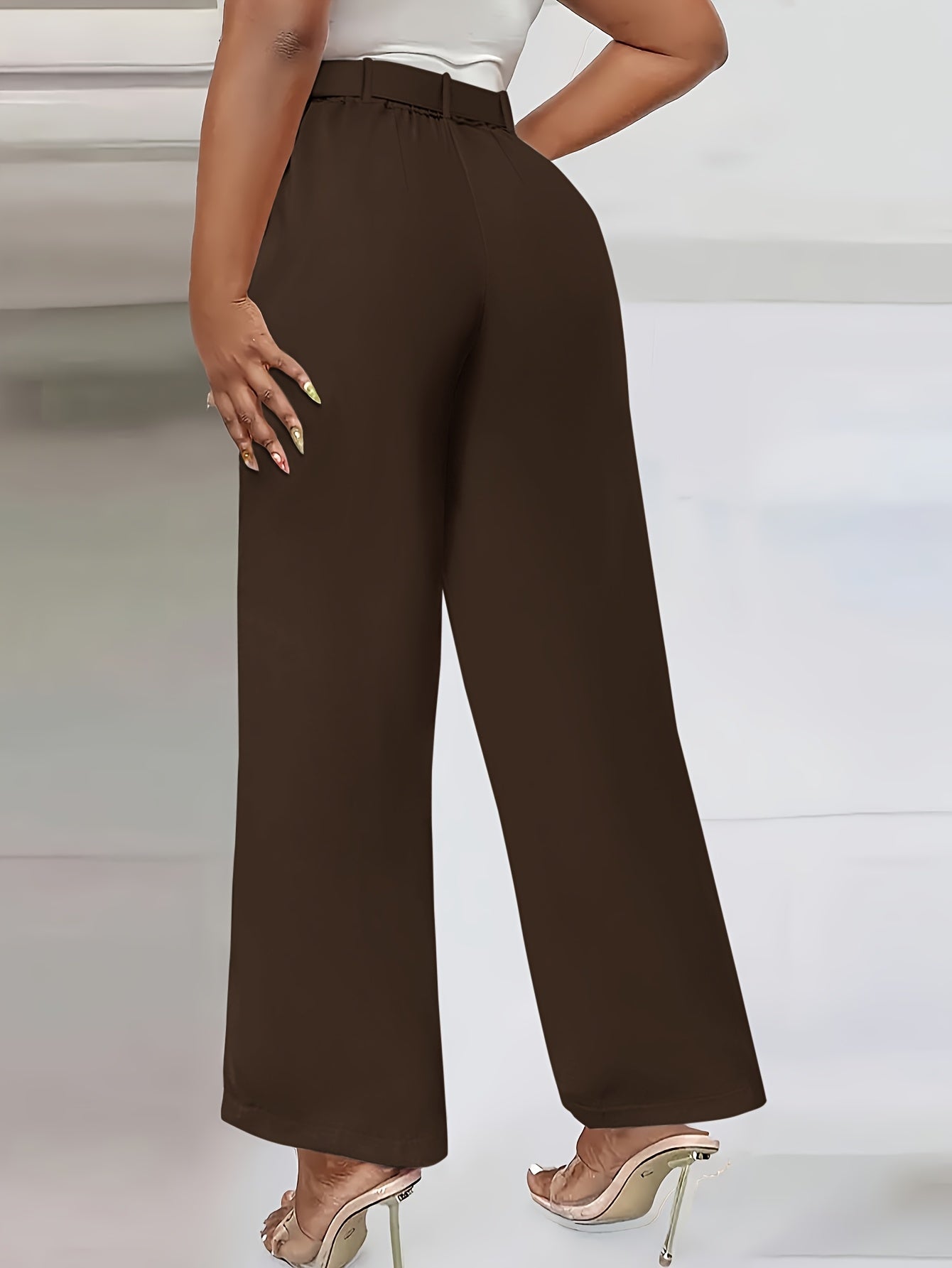 Women'S High-Waist Button-Detail Casual Straight Leg Pants, Solid Color, Polyester, with Belt, for All-Season Woven Trousers