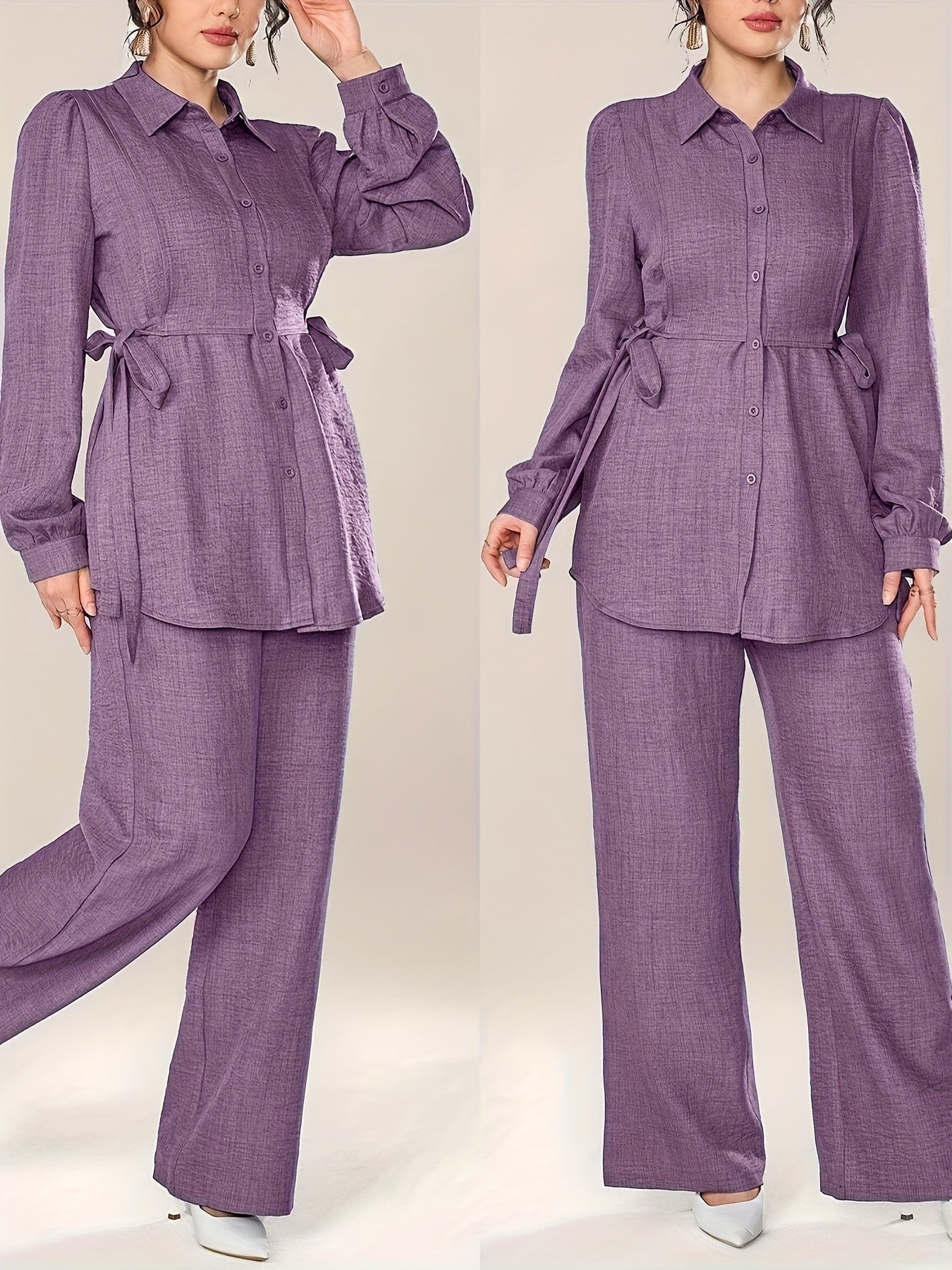 Women'S Solid Color Long Sleeve Knotted Waist Single-Breasted Shirt and Pants Elegant Commuter Set, Two-Piece Summer Autumn Women'S Outfit Office Business Casual Women'S Suit