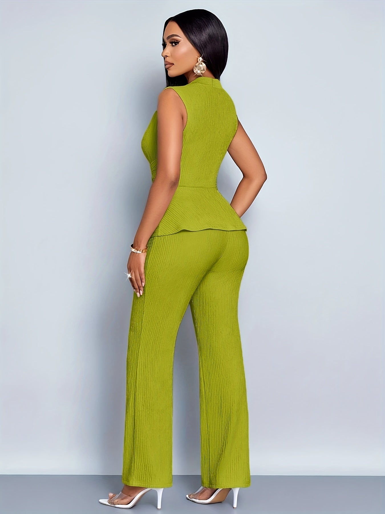 Women'S Elegant Solid Color Asymmetrical Sleeveless Top & Wide-Leg Pants Set - Ruched Texture, High-Waisted, Black, Stylish Evening Attire, Evening Attire|Asymmetrical Top|Ruched Texture