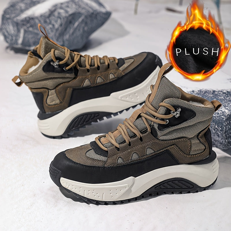 Men's Thermal Insulated Winter Boots with Lining - PU/Fabric Upper, Zipper & Lace Closure, Cushioned Insole & Arch Support, Brown/Black/White/Beige - Low-Top Round Toe for Snow, Ice, and Casual Attire - Ideal for Skiing, Hik