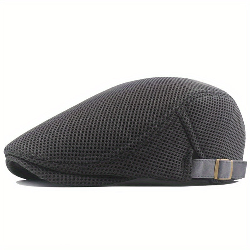 1 Men's Breathable Mesh Beret Hat - Casual Summer Style, 100% Polyester with Adjustable Faux Leather Strap for Comfort Fit