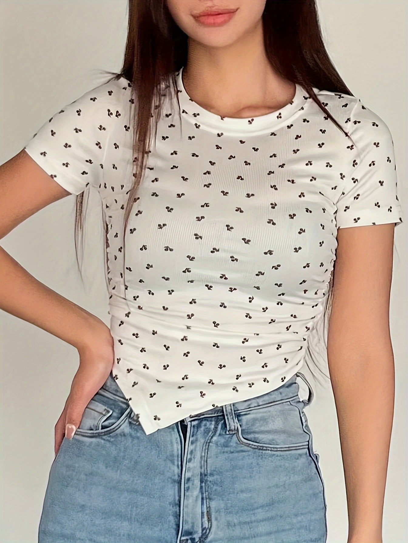 Women's Fruit and Vegetable Print Short Sleeve T-Shirt, Round Neck, Polyester Spandex Blend, Machine Washable - All Seasons