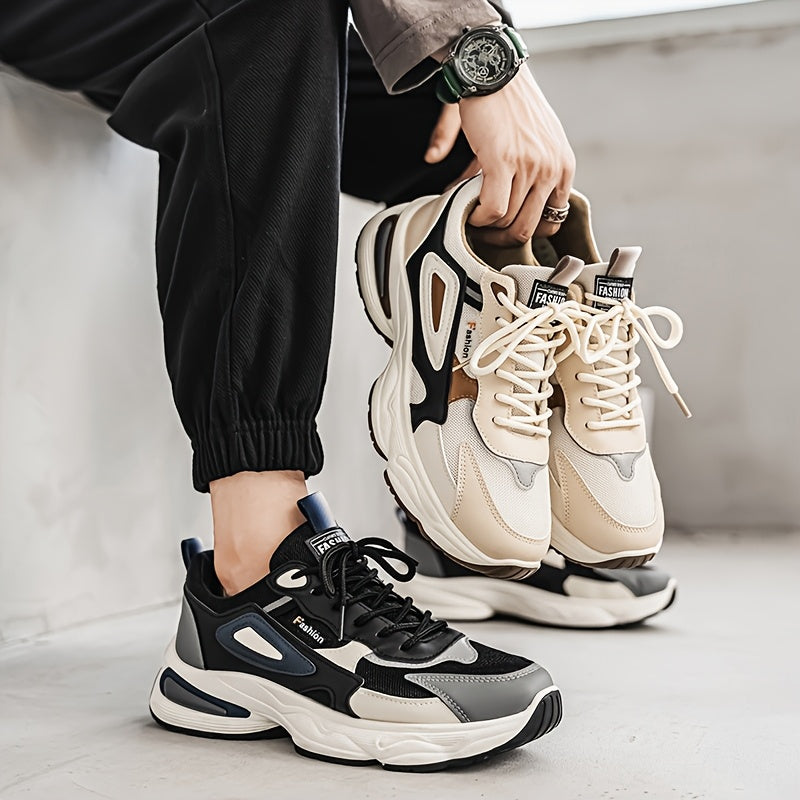 Men's Fashion Sneakers - White/Black/Brown PU Upper, Breathable Fabric Lining Cushioned EVA Insole, Durable PVC Sole, Lace-Up Mid-Top Design for All-Season Casual Daily Wear, High Top Sneakers, Versatile Footwear, Modern