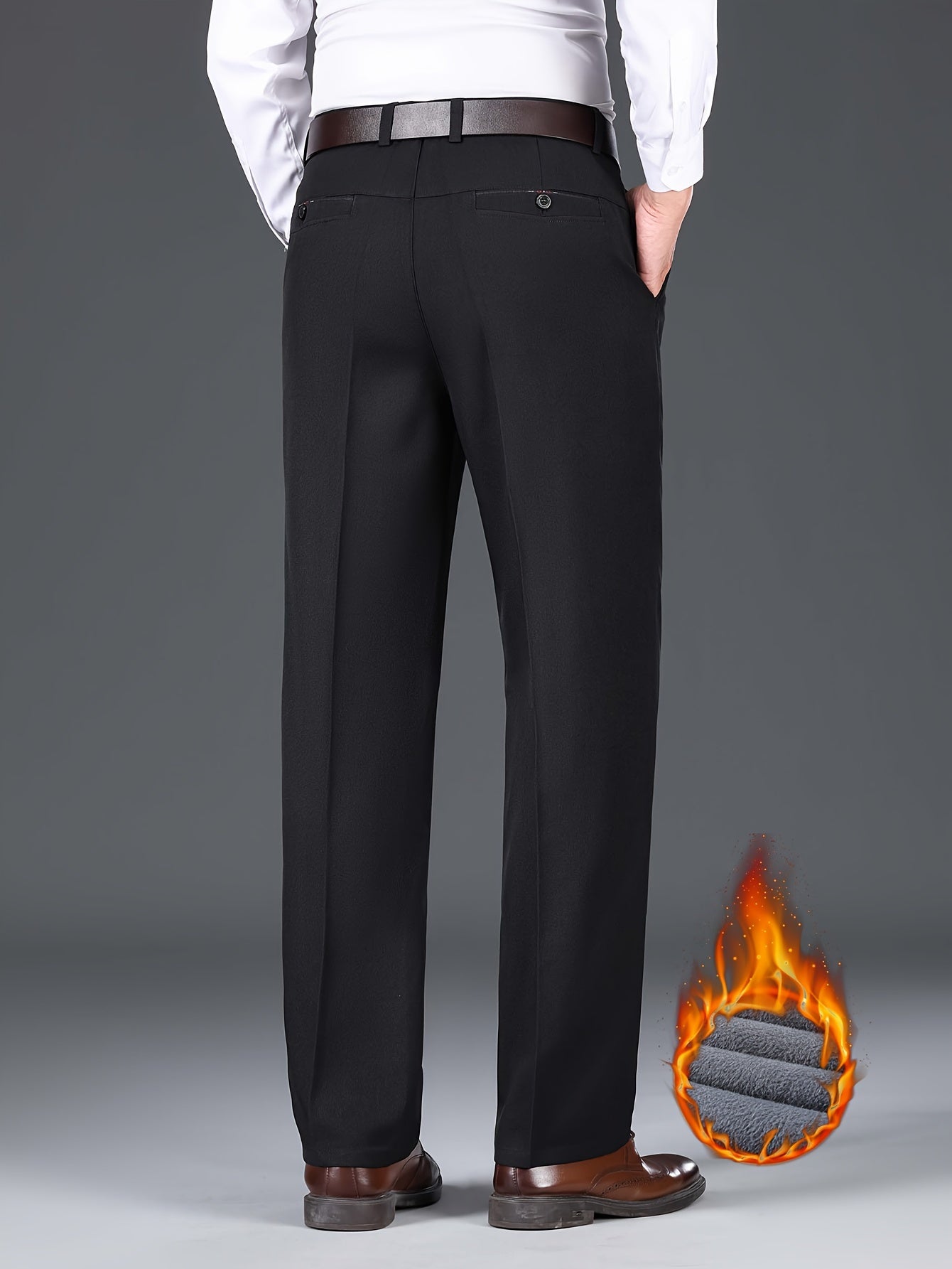 Men'S Solid Color Polyester Dress Pants - Fall/Winter Warm Fleece-Lined Thickened Straight-Leg Trousers with Slant Pockets, Regular Fit, Non-Stretch Woven Fabric, Long Length