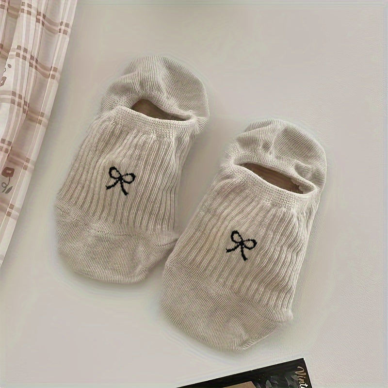 5 Pairs Bow Print Boat Socks, Cute & Sweet Low Cut Invisible Socks, Women's Stockings & Hosiery