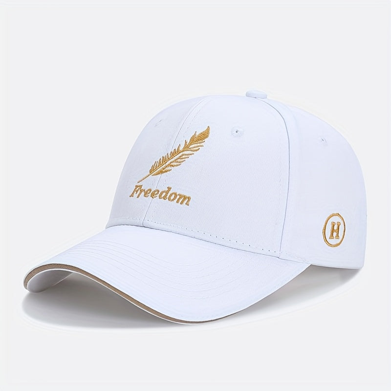 Men's Adjustable Baseball Cap with Feather & Freedom Embroidery - All-Season, Sun Protection, Black Washed Polyester, Sun Visor, Outdoor Sports, Perfect Choice