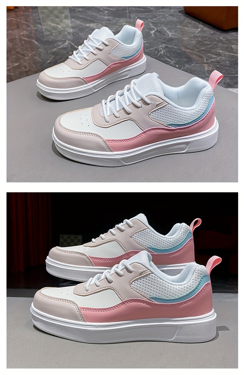 Stylish Women's Low-Top Sneakers - Lightweight Casual Shoes with Pastel Pink & Light Blue Accents, Synthetic Cover Upper, Breathable Mesh Lining, EVA Sole for Comfort, Perfect for Casual Attire & Travel