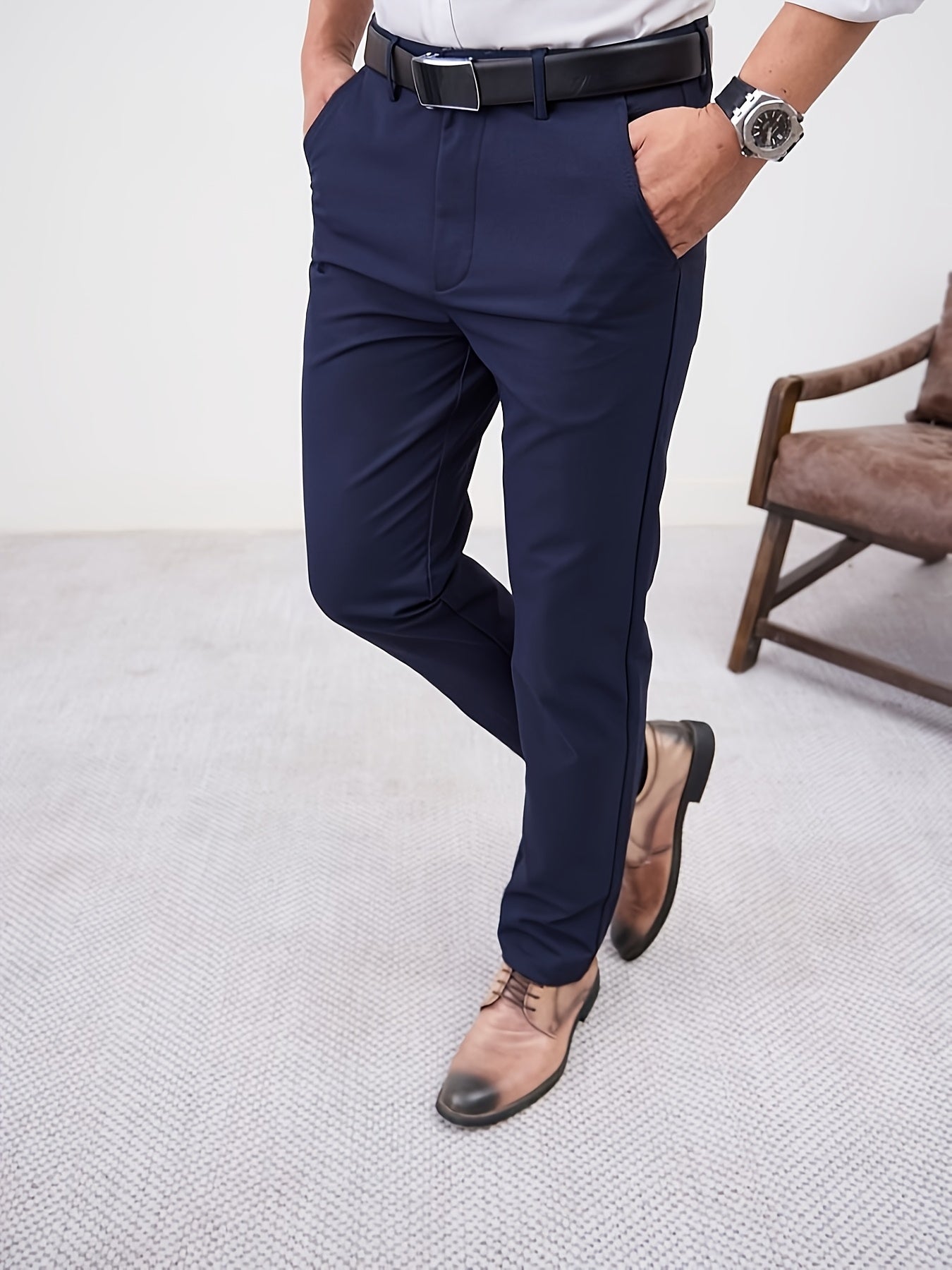Men'S Casual Solid Color Regular Length Slight Stretch Woven Fabric Pants for Adult