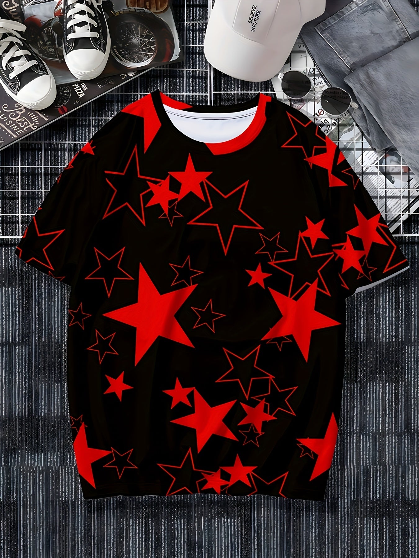 Men's Allover Color Blocking Stars Pattern Short Sleeve Crew Neck T-shirt For Summer, Casual Stylish Tee As Gift