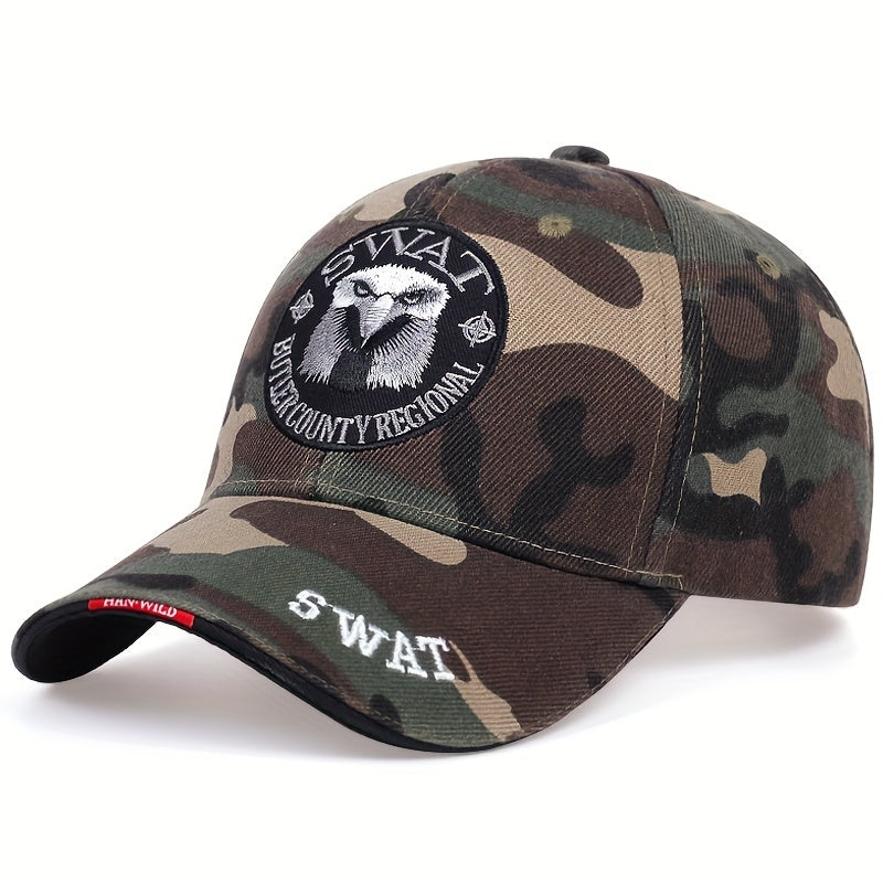 1pc Men's Eagle Embroidered Baseball Cap, "SWAT" Outdoor Adjustable Casual Hat Suitable For Spring And Autumn Travel