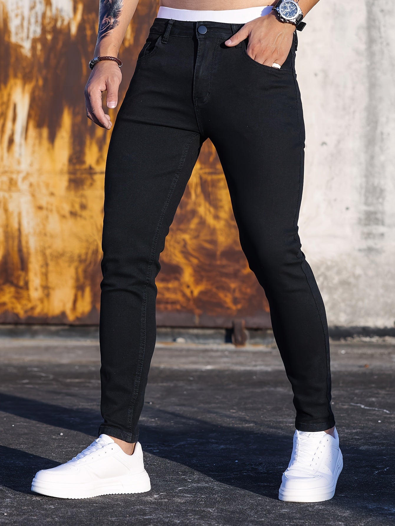 Men's Cotton Blend Casual Skinny Jeans, Chic Street Style Medium Stretch Denim Pants