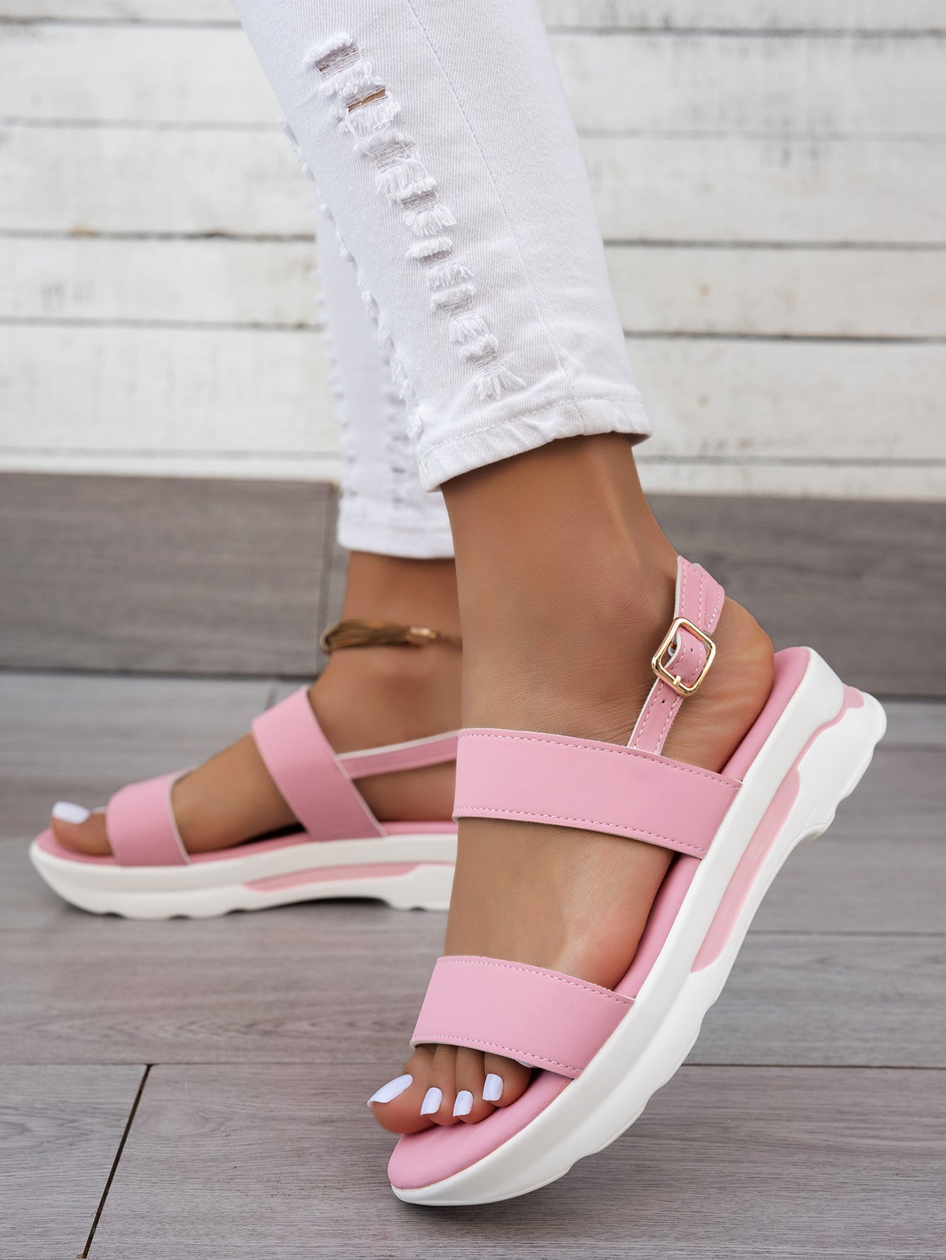 Mhysa Women's Comfortable Open-Toe Platform Sandals with Thick Sole & Golden Buckle Strap - Summer Casual White PU Cover Ankle Strap Sandals for Casual Attire, Ladies Sandals