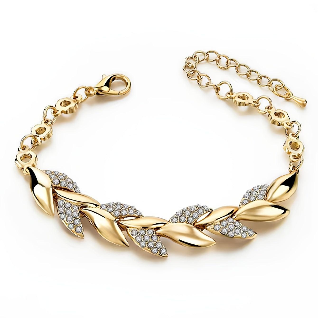 1pc Daily Banquet Jewelry, Golden Leaf Bracelet, Fashion Wedding Jewelry, Inlaid Faux Diamond Bracelet For Men Women