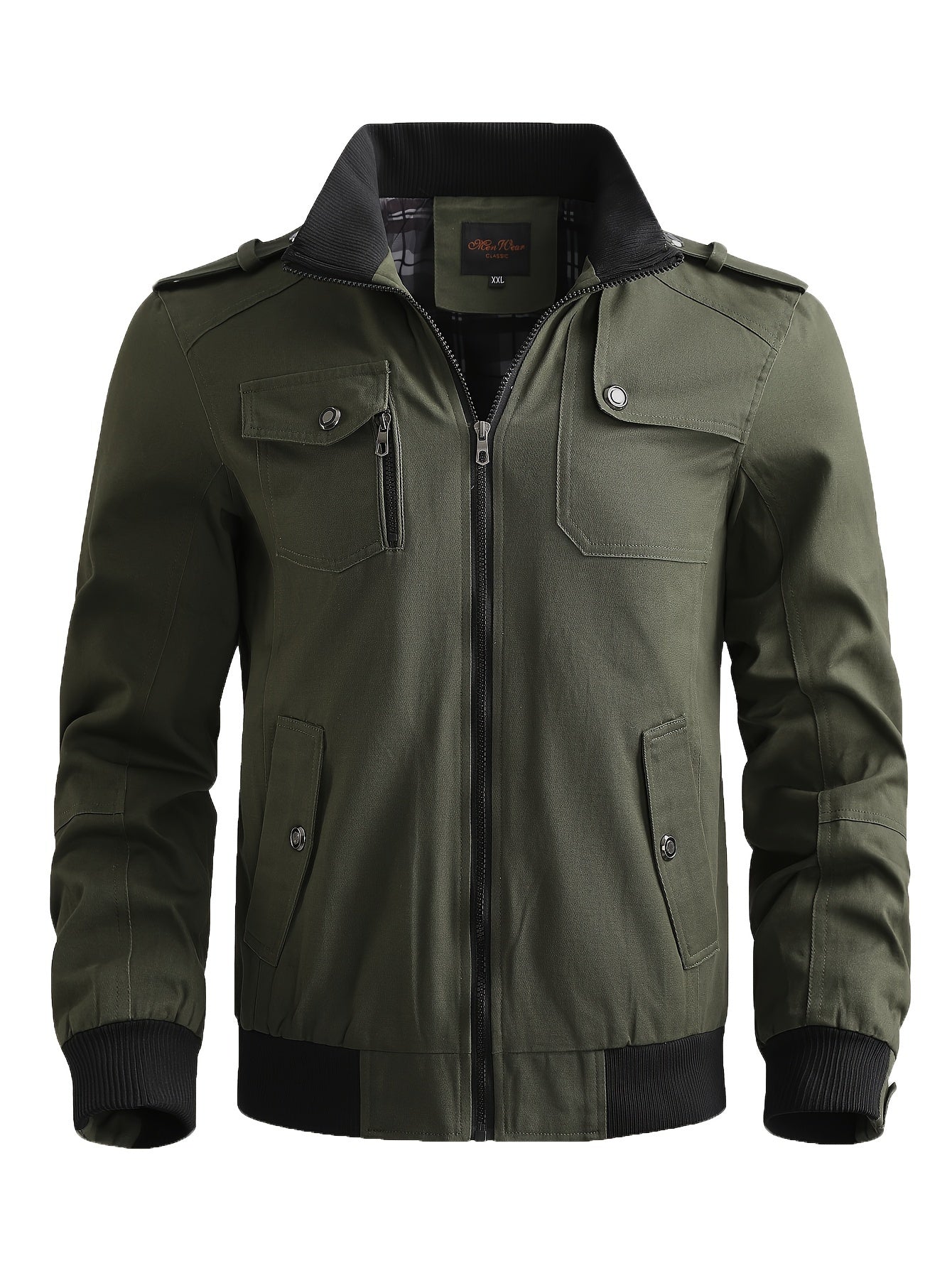 Men's Casual Bomber Jacket, Cotton Stand Collar Windbreaker Jacket With Pockets For Fall Winter